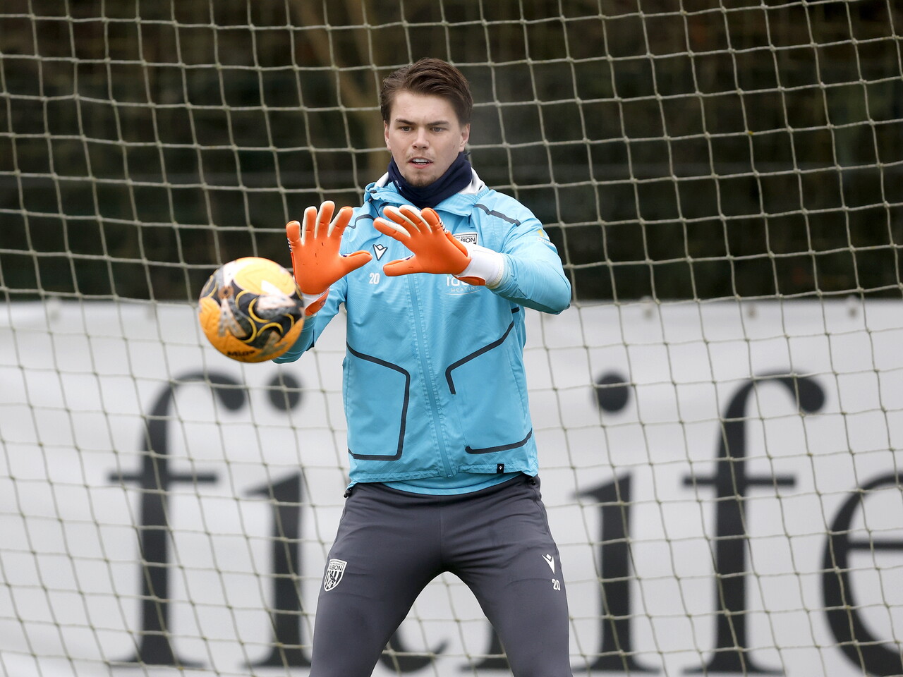 Josh Griffiths making a save in training 