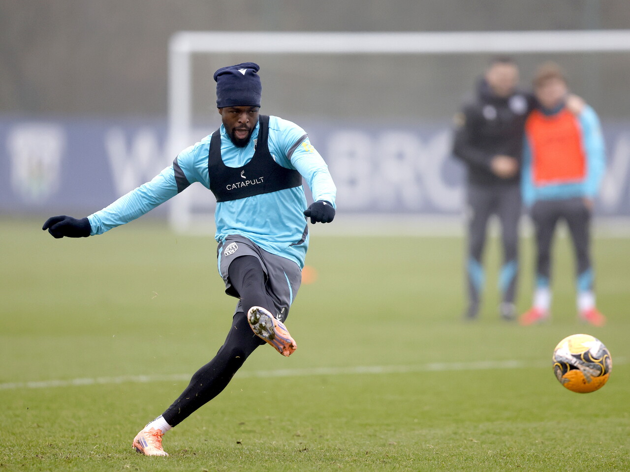 Josh Maja taking a shot during training 