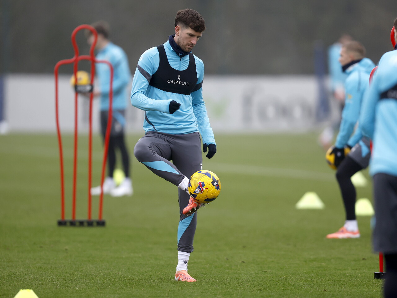 Chris Mepham on the ball during training 