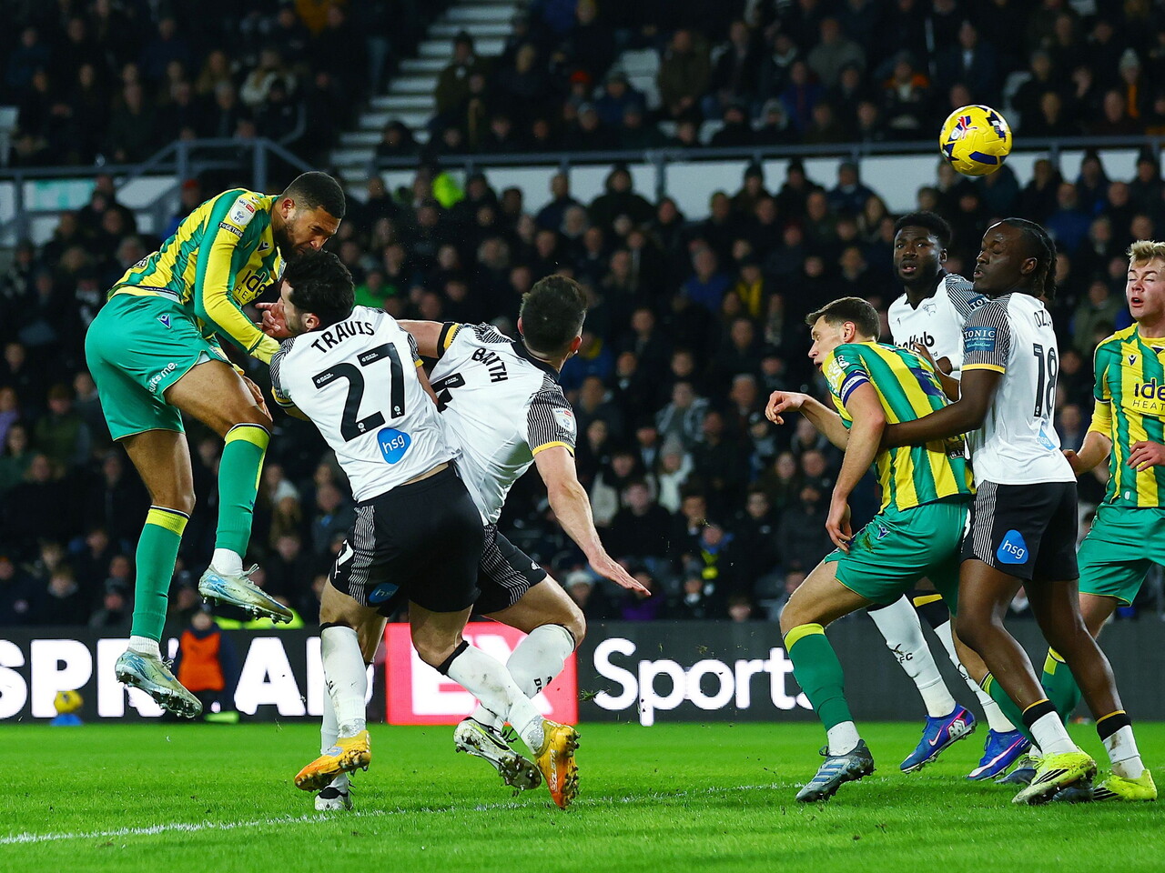 George Campbell heading towards goal at Derby 