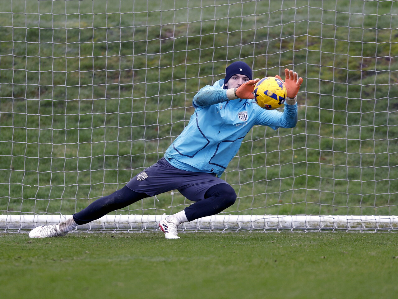 Max O'Leary making a save in training