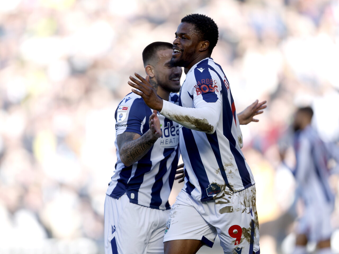 Josh Maja celebrates scoring against Hull with Danny Imray