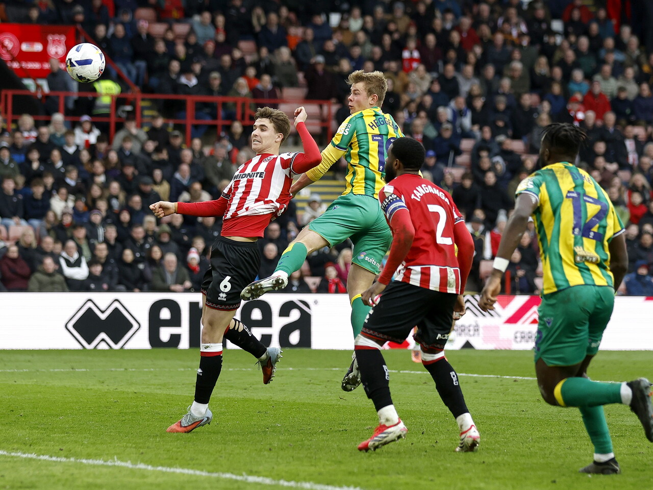 Aune Heggebø battling for a ball in the Sheffield United penalty area