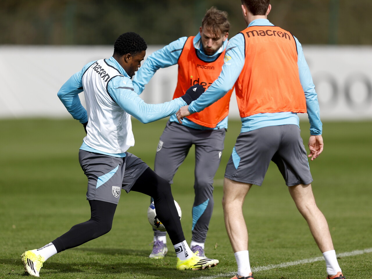 Charlie Taylor and Josh Maja battling for the ball during training 