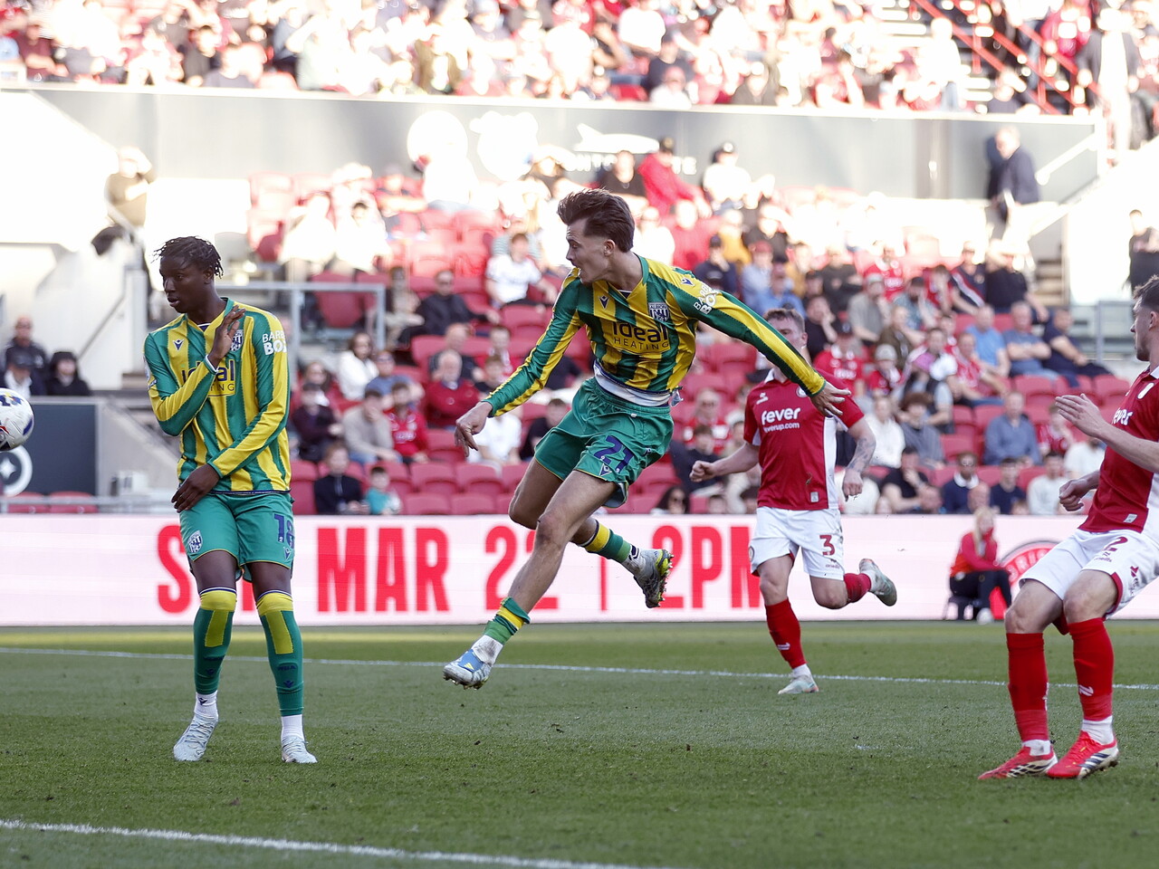 Isaac Price has a shot against Bristol City