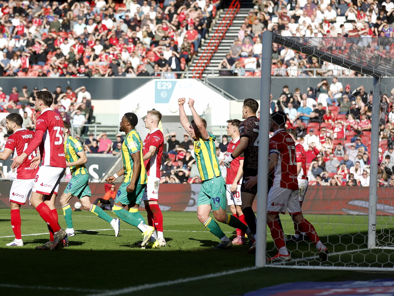 Aune Heggebo celebrates George Campbell's goal against Bristol City.