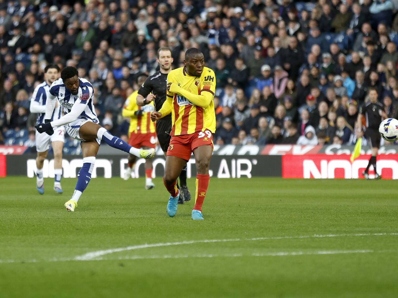 Josh Maja has a shot against Watford
