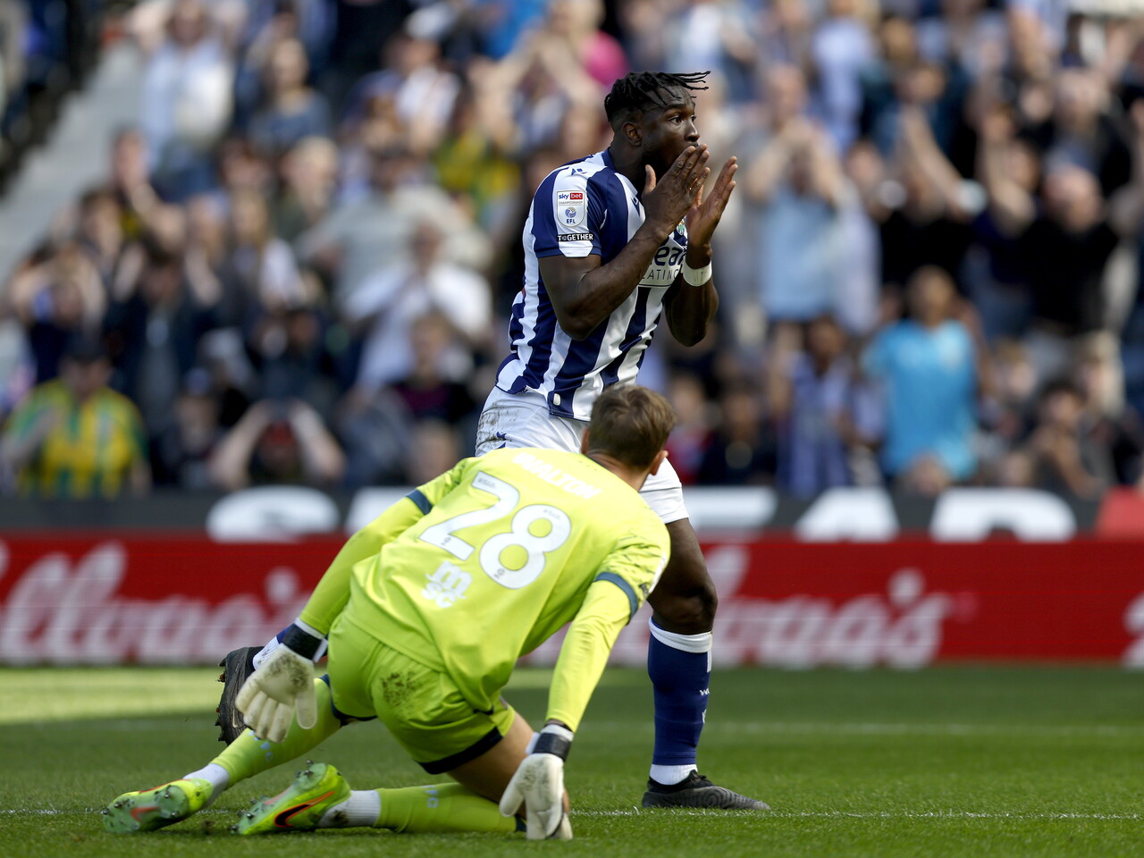 Daryl Dike looking frustrated after missing a chance against Ipswich 