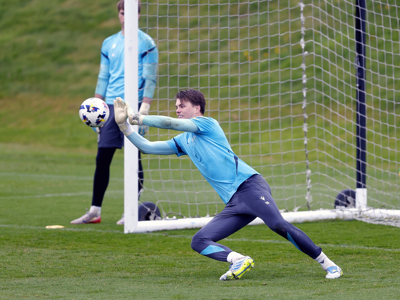 Josh Griffiths making a save in training 