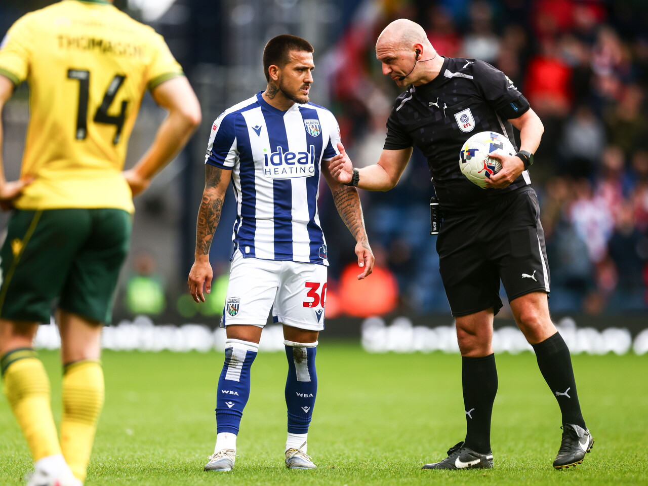 Danny Imray talking to the ref during the game against Wrexham
