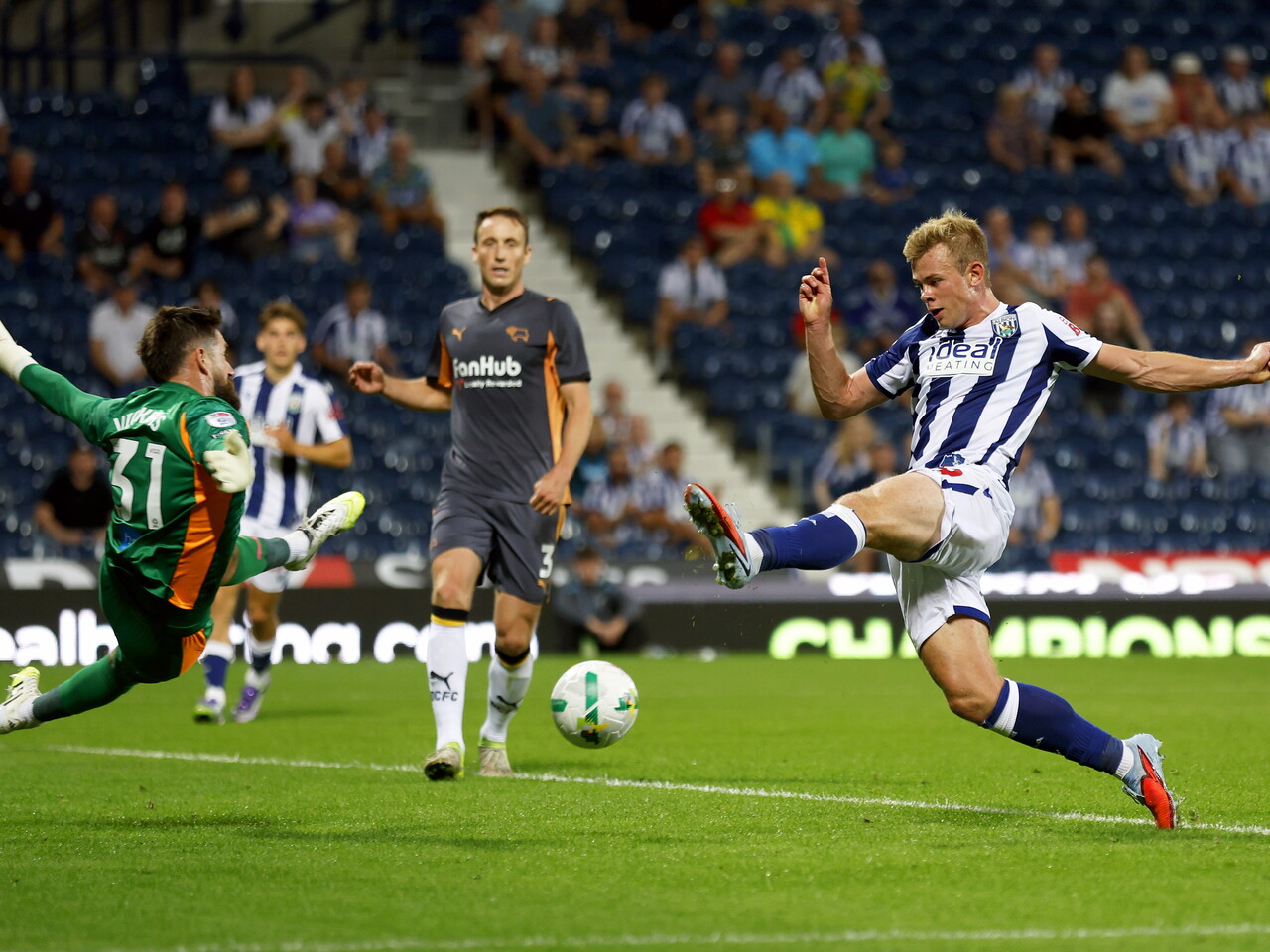 Aune Heggebø shooting and scoring against Derby County in the Carabao Cup at The Hawthorns