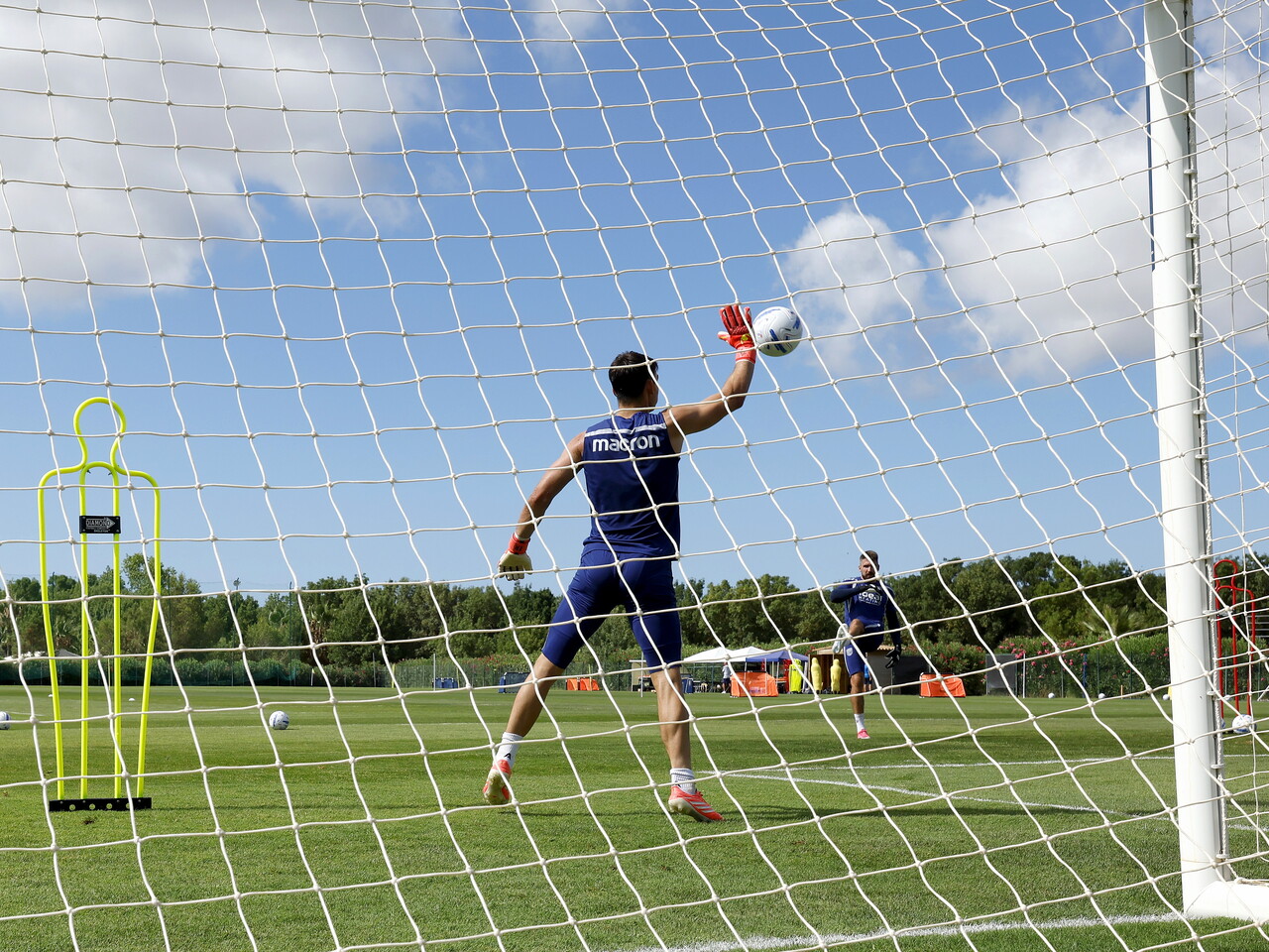 Max O'Leary making a save during a training session