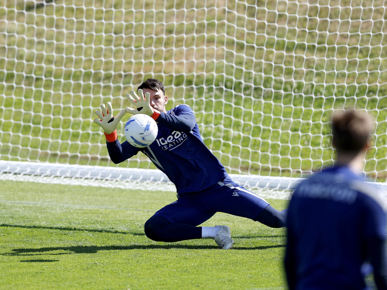 Max O'Leary making a save in training 