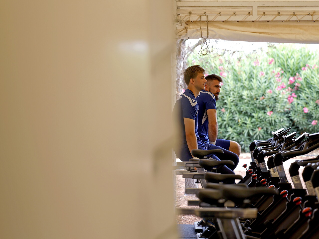 Joe Wallis and Matt Ingram in the gym in Portugal