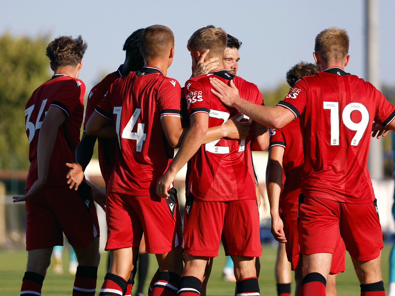JJ Morgan celebrates his goal against Bromley with team-mates