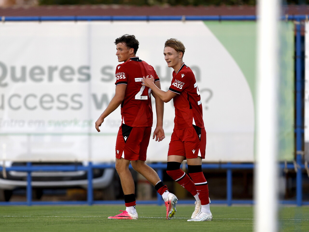 Barney Stewart celebrates scoring against Bromley with Ollie Bostock