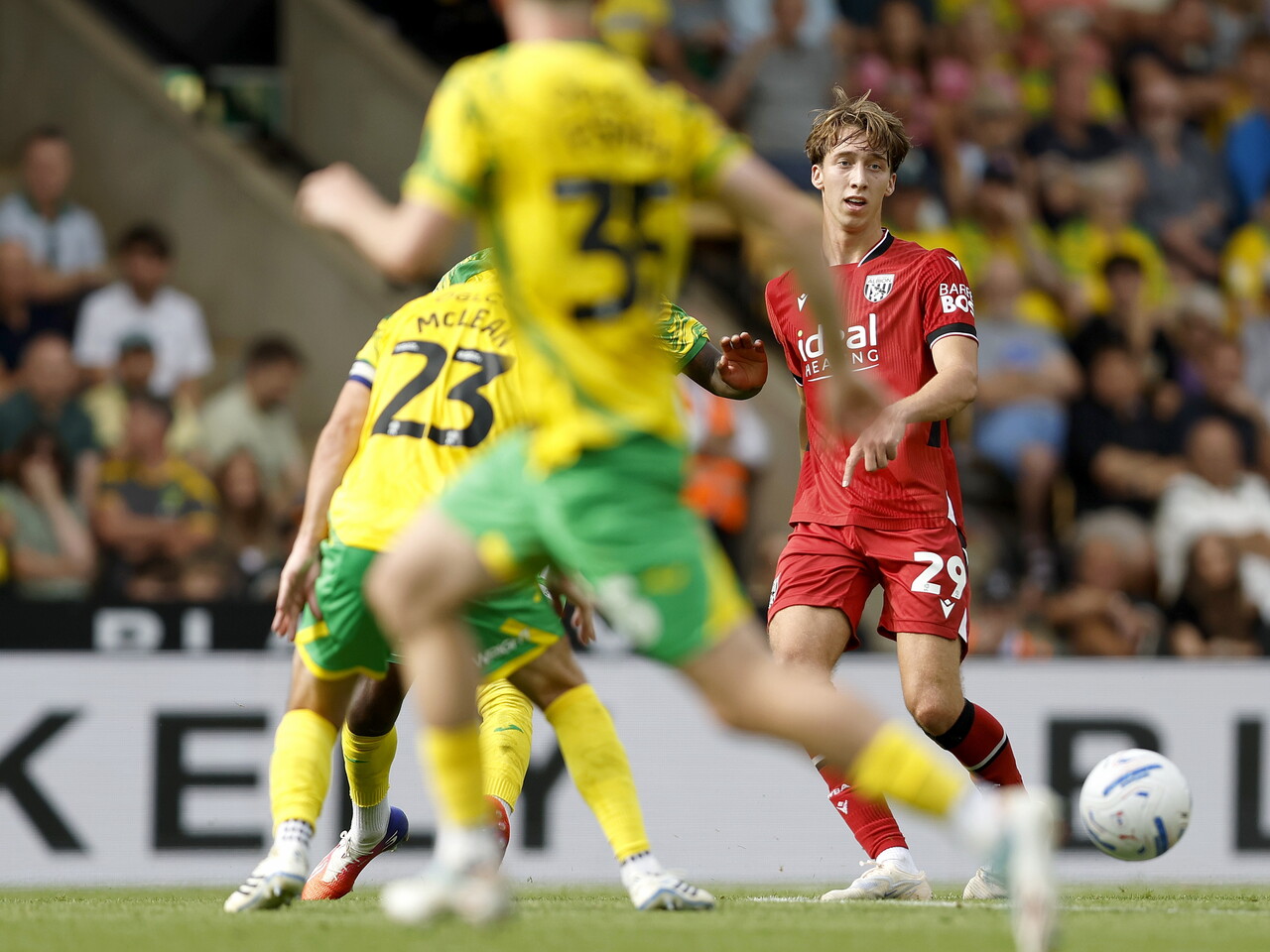Harry Whitwell on the ball against Norwich
