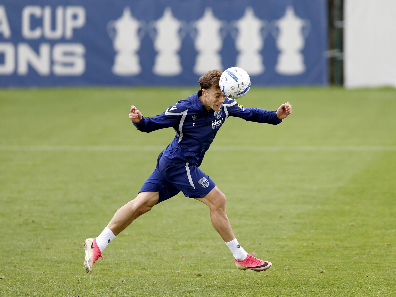 Felix Horn Myhre heading the ball during a training session