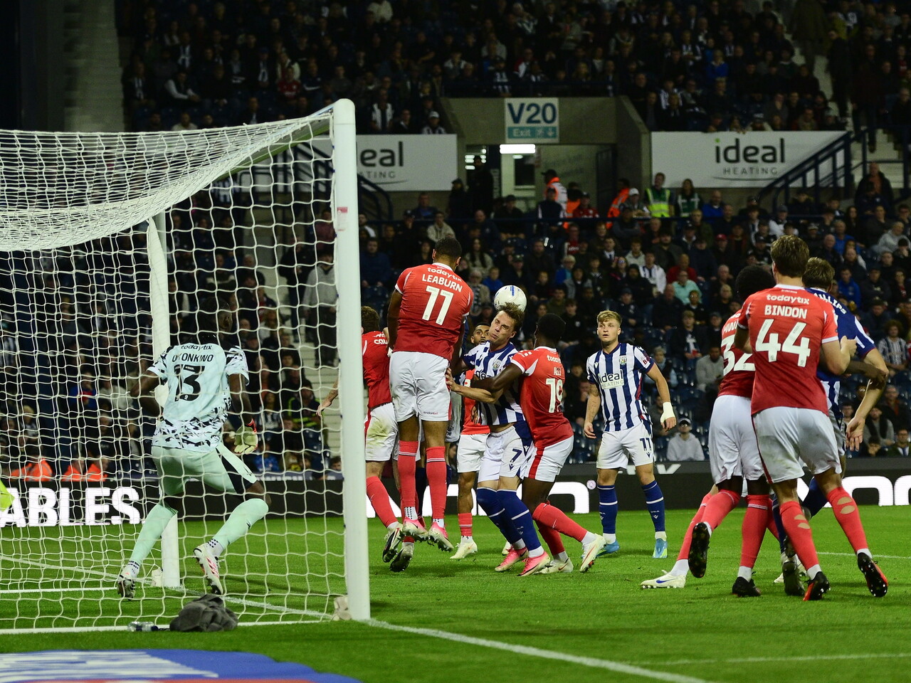 Several WBA and Charlton players jumping to try and win a header in the box
