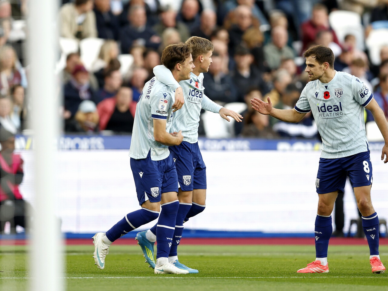 Felix Horn Myhre celebrates his goal against West Ham
