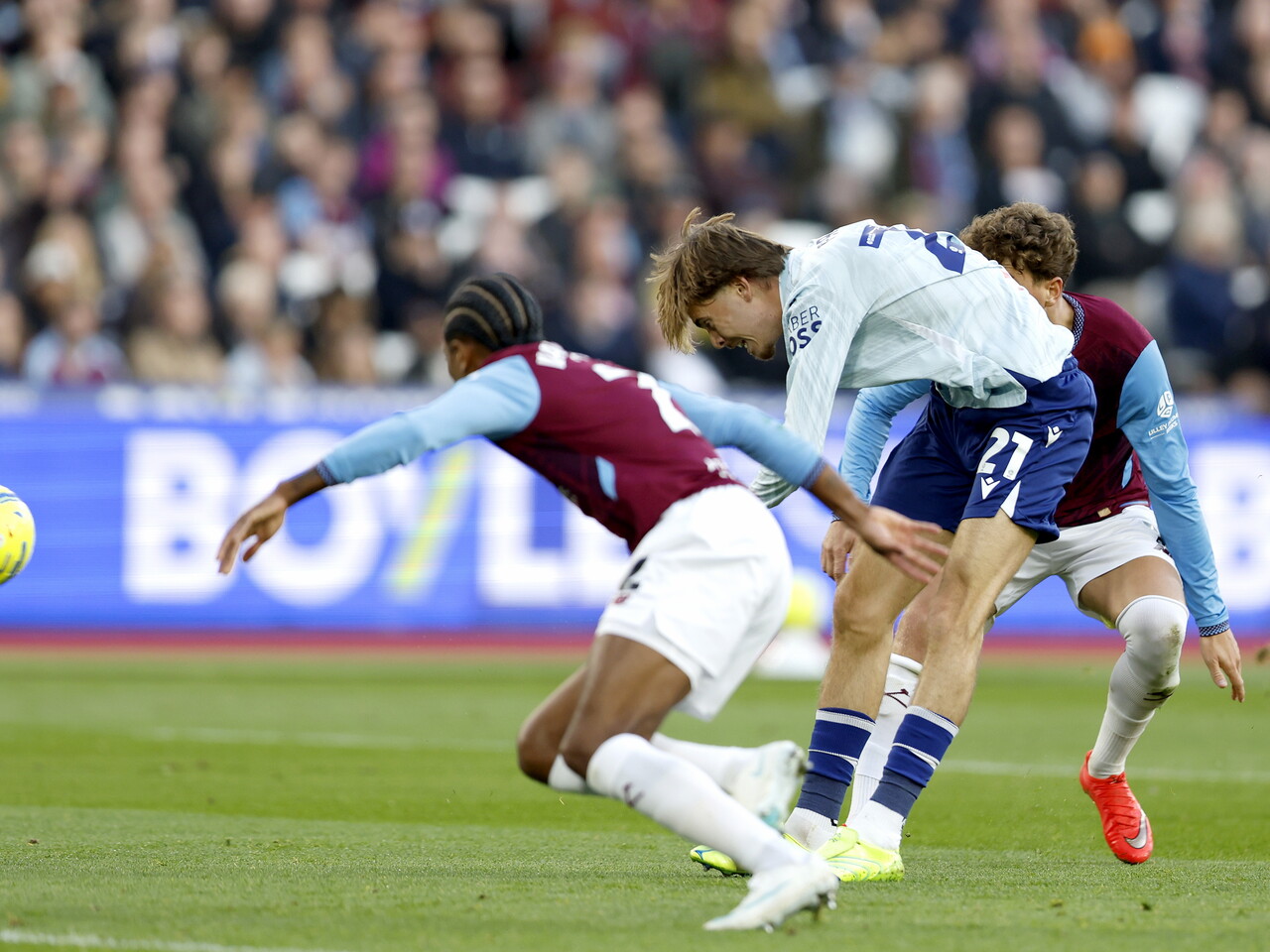 Isaac Price has a shot against West Ham