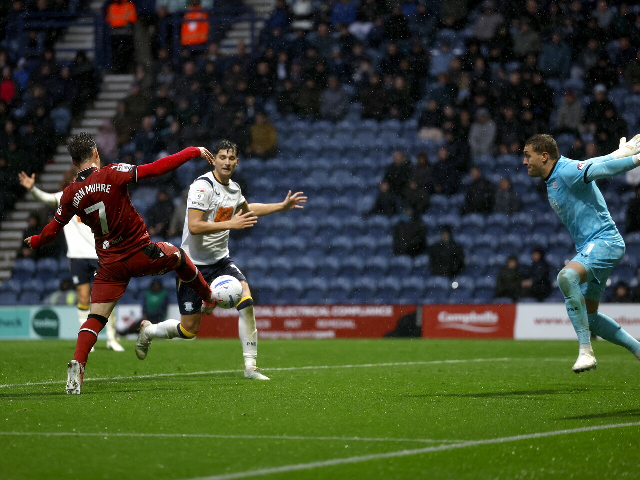 Felix Horn Myhre has a shot against Preston