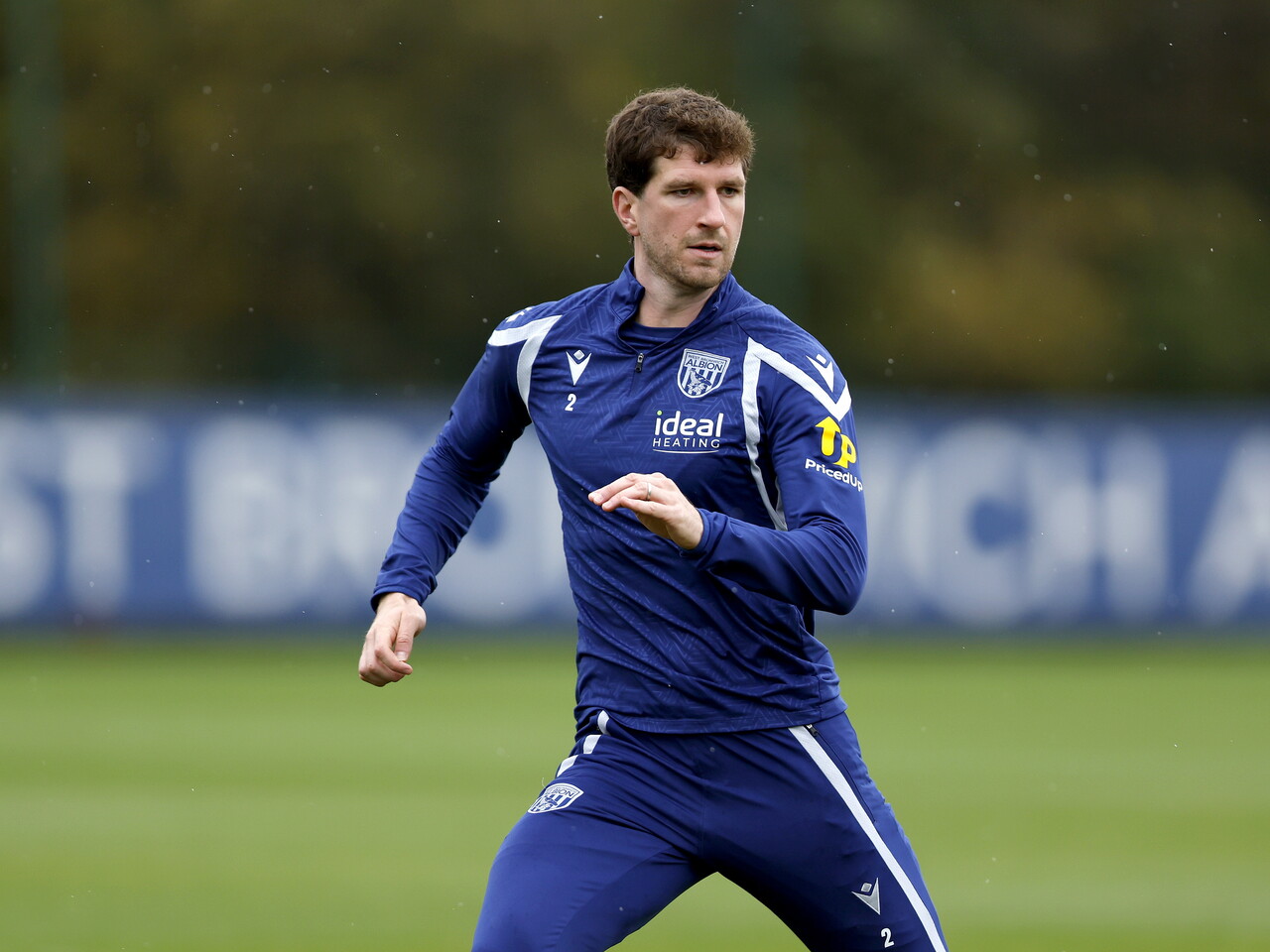 Chris Mepham looking for the ball during training 