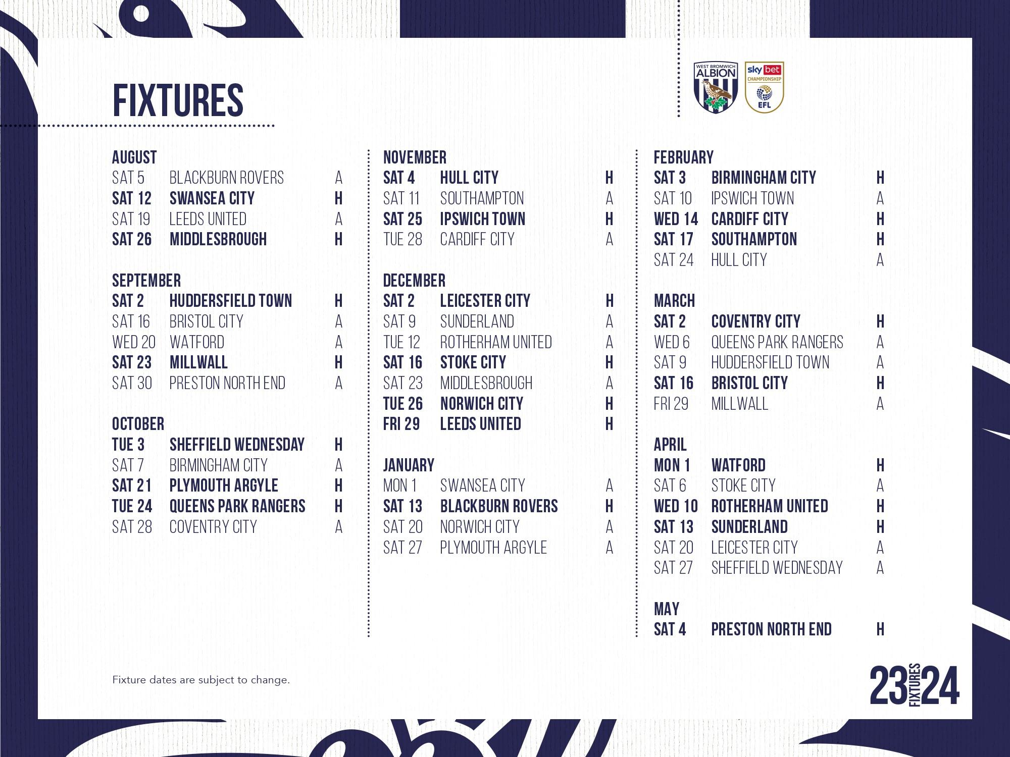 Albion's 2023/24 Sky Bet Championship Fixtures Announced | West ...