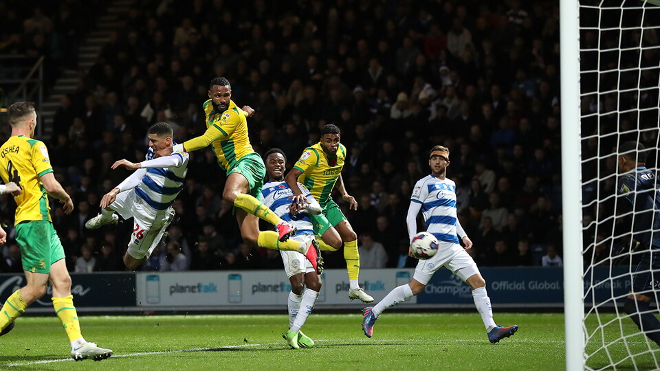 Kyle Bartley heads in the opener for Albion against QPR