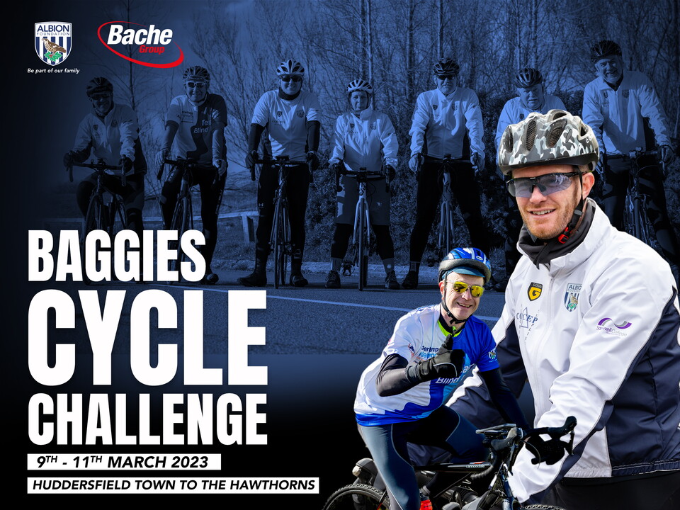 Baggies Cycle Challenge Graphic, Chris Brunt and group of cyclists.