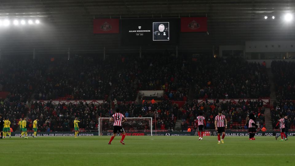 An image of a tribute on the big screens at the Stadium of Light to Albion Club Doctor Julian Widdowson, who sadly passed away at the weekend