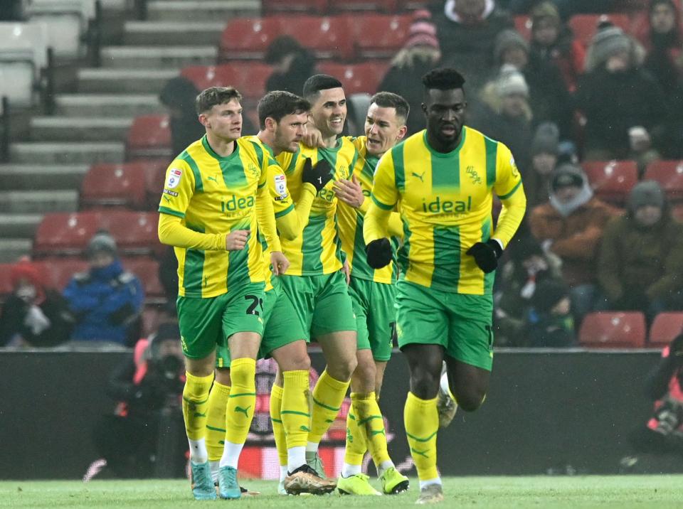 Albion celebrate at the Stadium of Light.