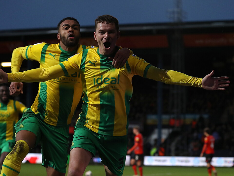 Conor Townsend celebrating making it 3-2 to Albion against Luton