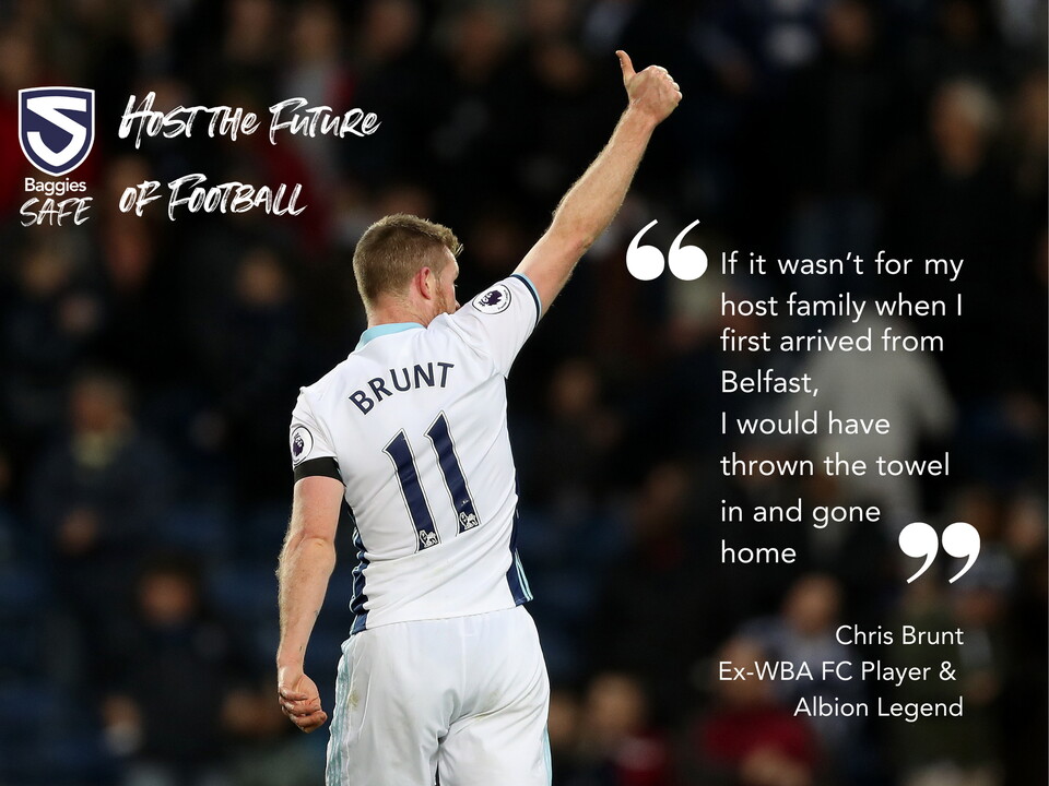 A graphic containing a quote from Chris Brunt, on the importance of host families for young players