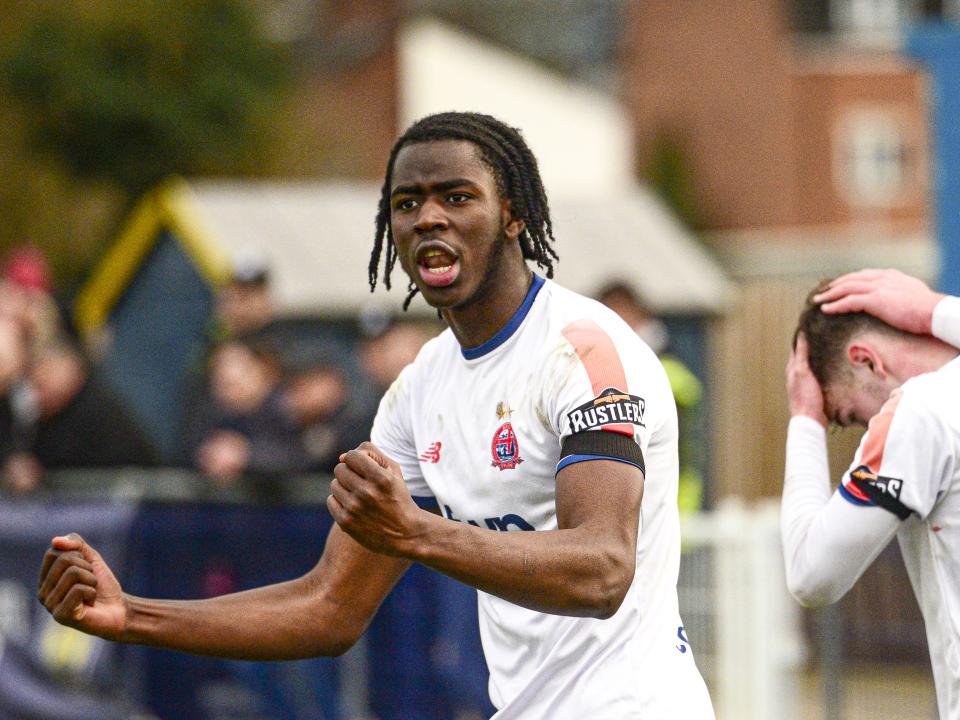 An image of Mo Faal celebrating a goal for AFC Fylde