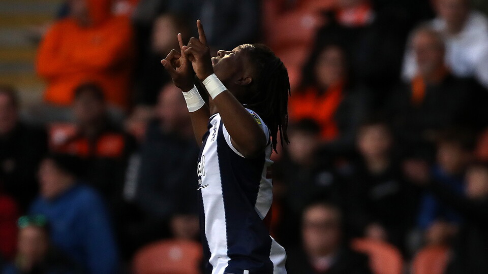 A photo of Brandon Thomas-Asante celebrating scoring v Blackpool
