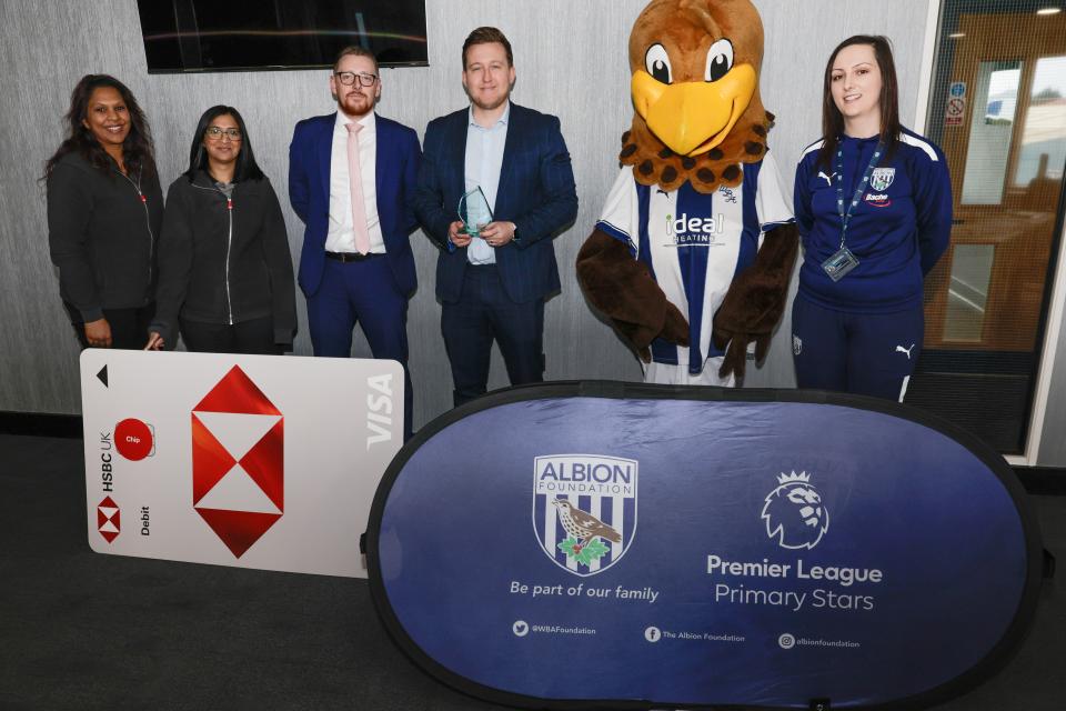 Albion Foundation staff with Baggie Bird, HSBC UK representatives and the HSBC UK Smart Money Award 2023