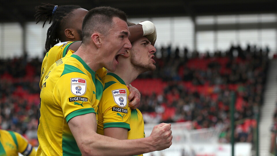 Jayson Molumby celebrates scoring v Stoke City
