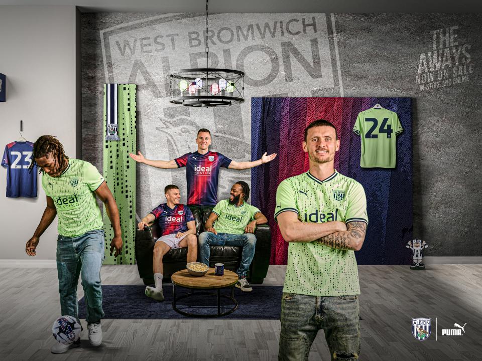 A graphic with Albion's 2023/24 away kits on