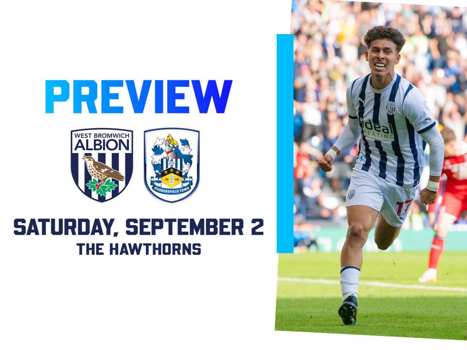 WBA and Huddersfield badges next to an image of Jeremy Sarmiento celebrating a goal
