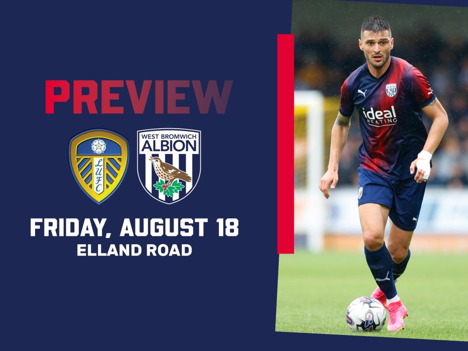 Leeds and Albion badges with an image of Okay Yokuslu in the navy and red away kit on the ball