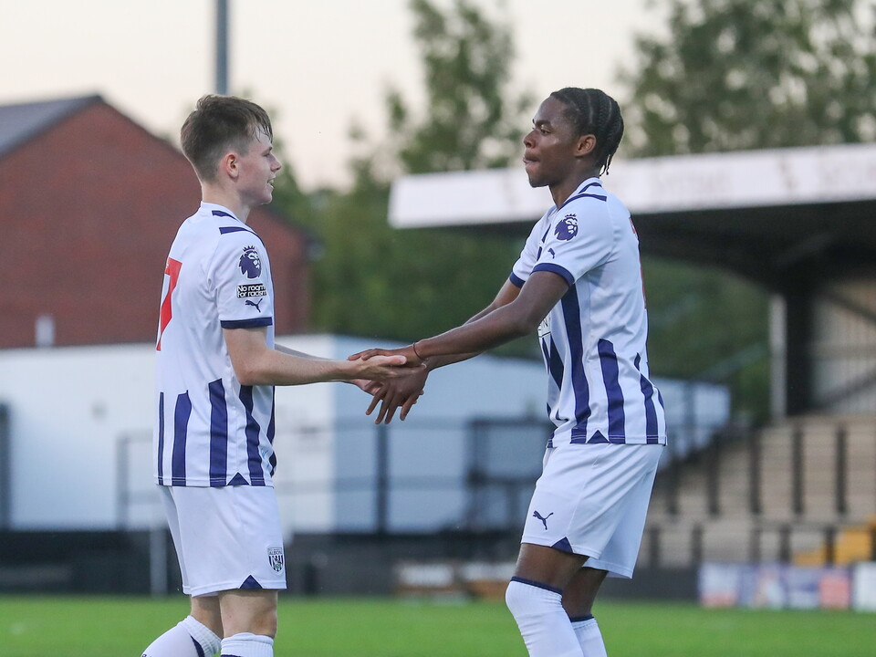 A photo of Albion youngsters Fenton Heard and Akeel Higgins celebrating a goal in the Premier League 2 game at Keys Park