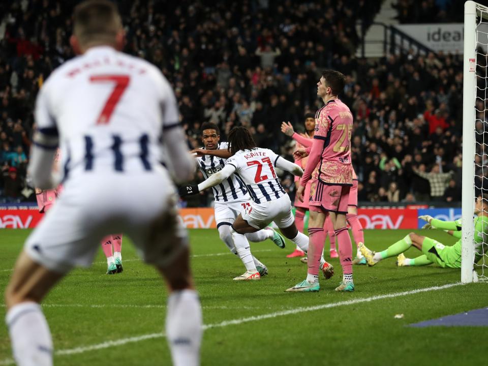 Grady Diangana celebrates scoring against Leeds with Brandon Thomas-Asante