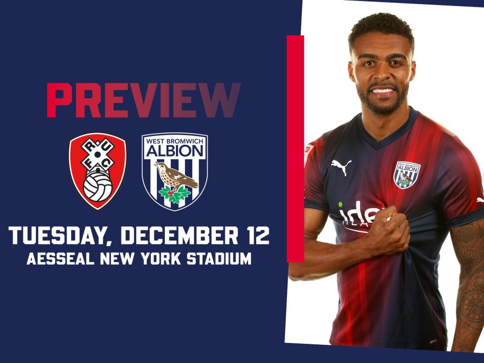 Rotherham United and Albion badges next to an image of Darnell Furlong in the navy blue and red kit pulling on the shirt