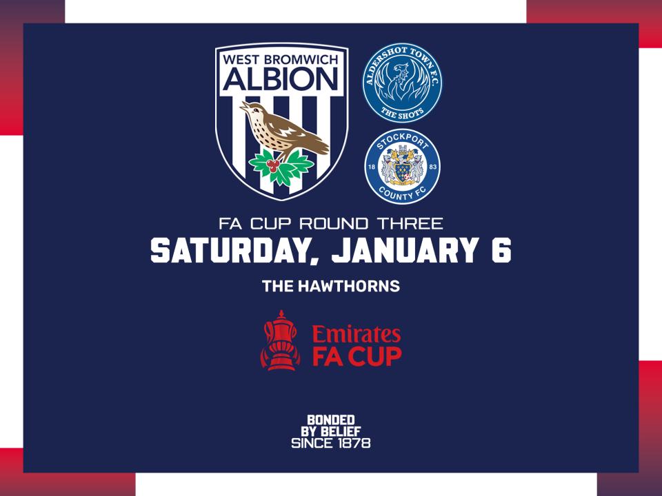 A ticket graphic displaying information for Albion's FA Cup third round tie against Aldershot or Stockport