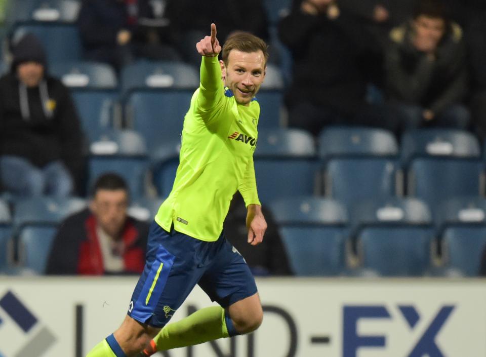 Andi Weimann celebrates scoring for Derby against Watford in 2018