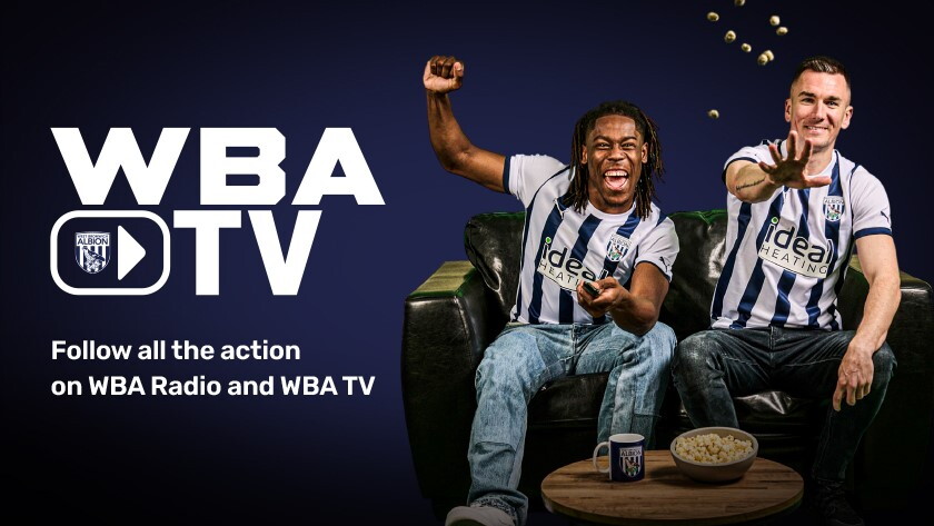 WBA TV matchday information graphic featuring Brandon Thomas-Asante cheering and Jed Wallace throwing popcorn.  