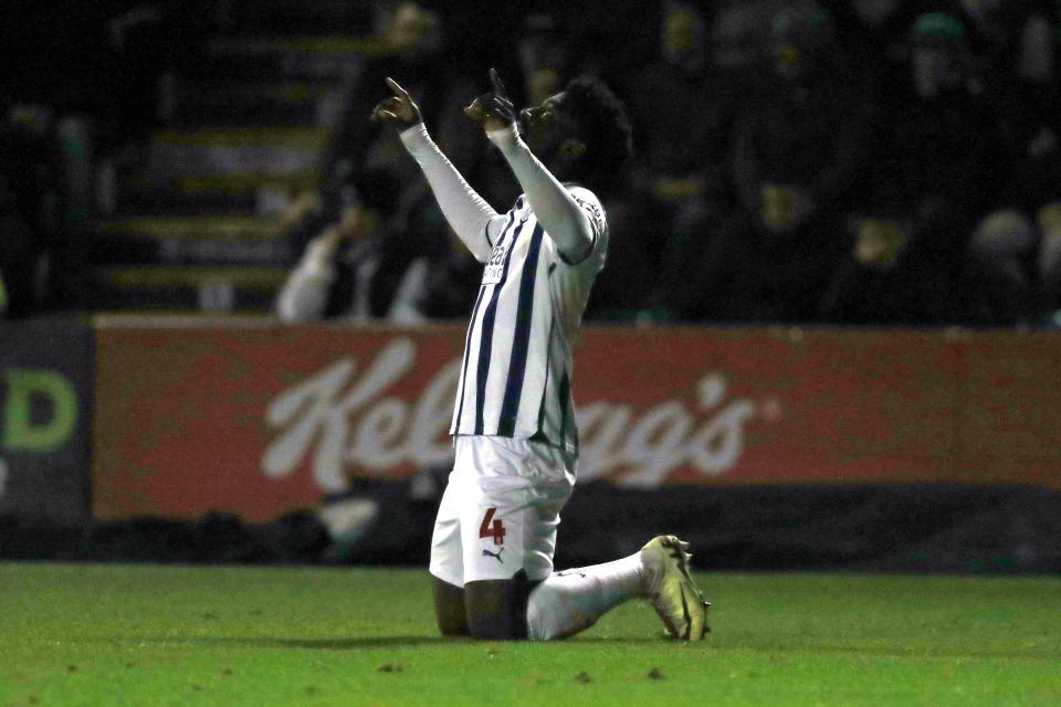 Cedric Kipre celebrates scoring against Plymouth