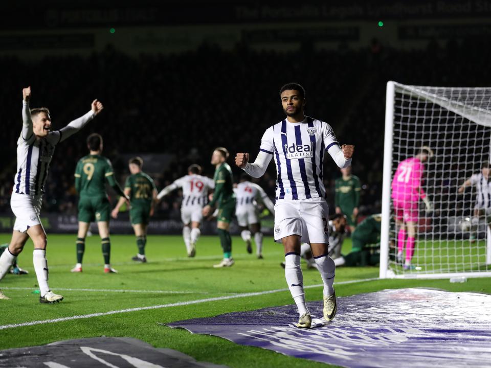 Darnell Furlong and Conor Townsend celebrate Cedric Kipre's goal at Plymouth