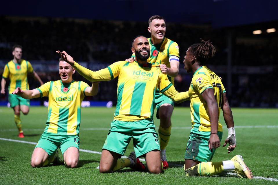 Kyle Bartley celebrates with Jed Wallace, Dara O'Shea and Brandon Thomas-Asante after scoring at Loftus Road in November 2022